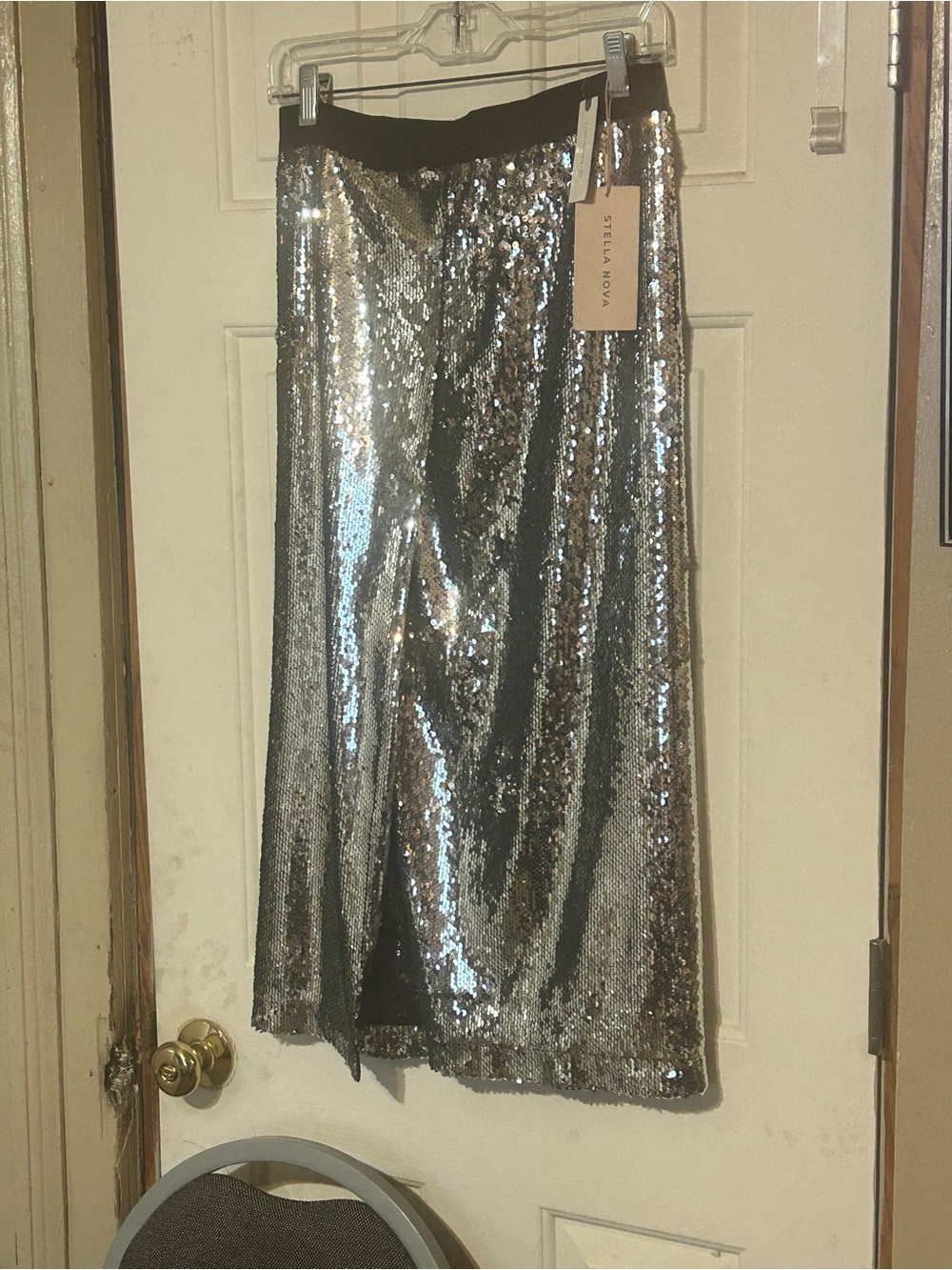 Metallic Silver Sequin Midi Skirt with Black Waistband;split